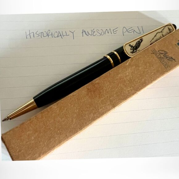 Vintage Ballpoint Pen Bald Eagle Flight Scrimshaw Style Clip - Black/Brass - NIB - Picture 5 of 5